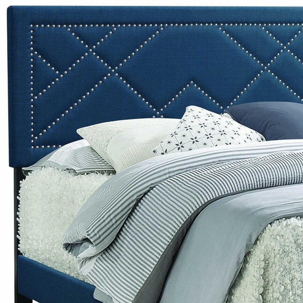 Dark Teal Standard Bed Upholstered With Nailhead Trim And With Headboard