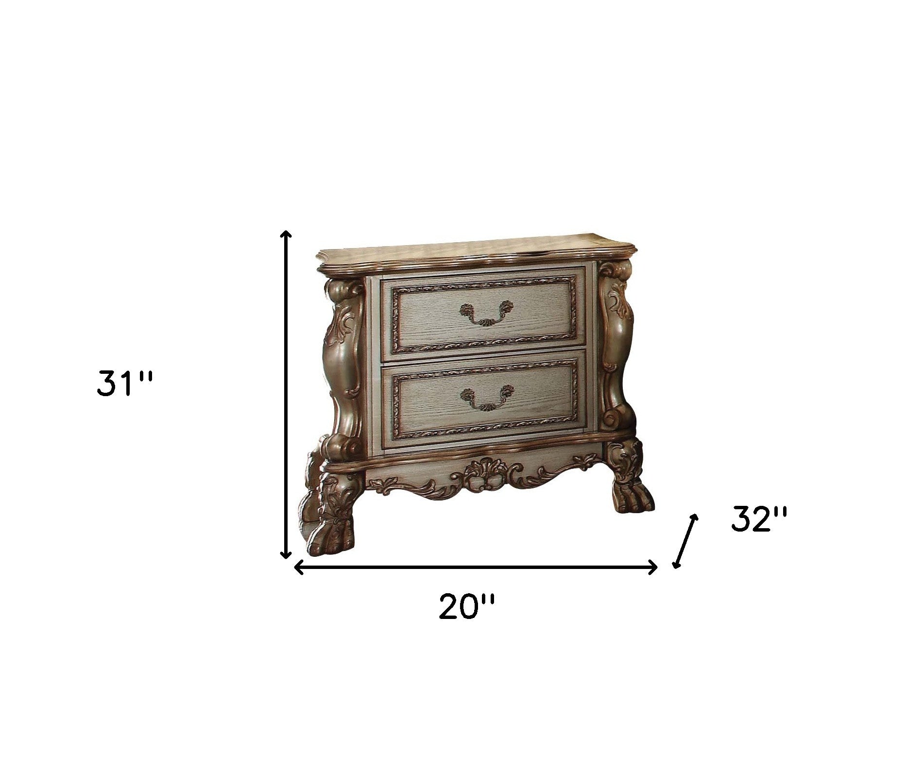 31" Gold Two Drawers Solid Wood Mirrored Nightstand