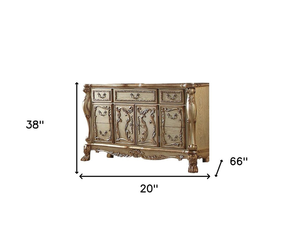 66" Gold Solid Wood Carved Scrollwork Seven Drawer Sideboard with Two Doors