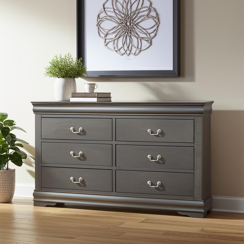57" Gray Solid Wood Six Drawer Double Dresser