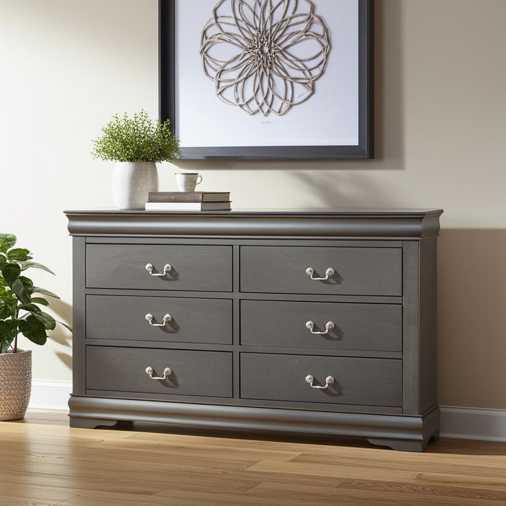 57" Gray Solid Wood Six Drawer Double Dresser