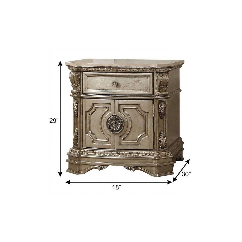 29" Champagne One Drawer Faux Marble and Solid Wood Nightstand With Storage