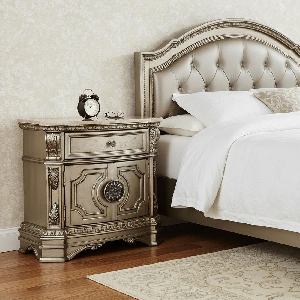 29" Champagne One Drawer Faux Marble and Solid Wood Nightstand With Storage