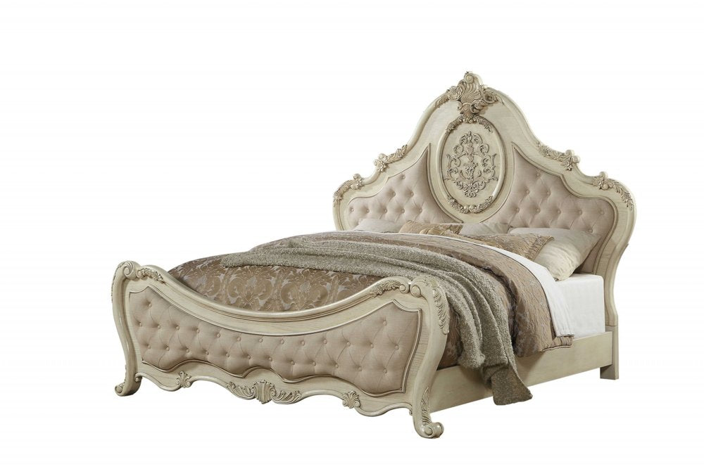 Beige Wood And Tufted Linen Queen Bed Frame With Nailhead Trim