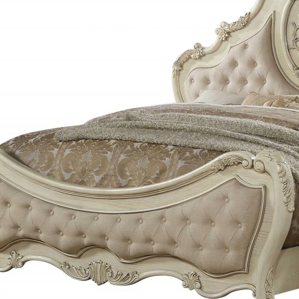 Antiqued White Solid Wood Tufted Upholstered Linen Bed Frame