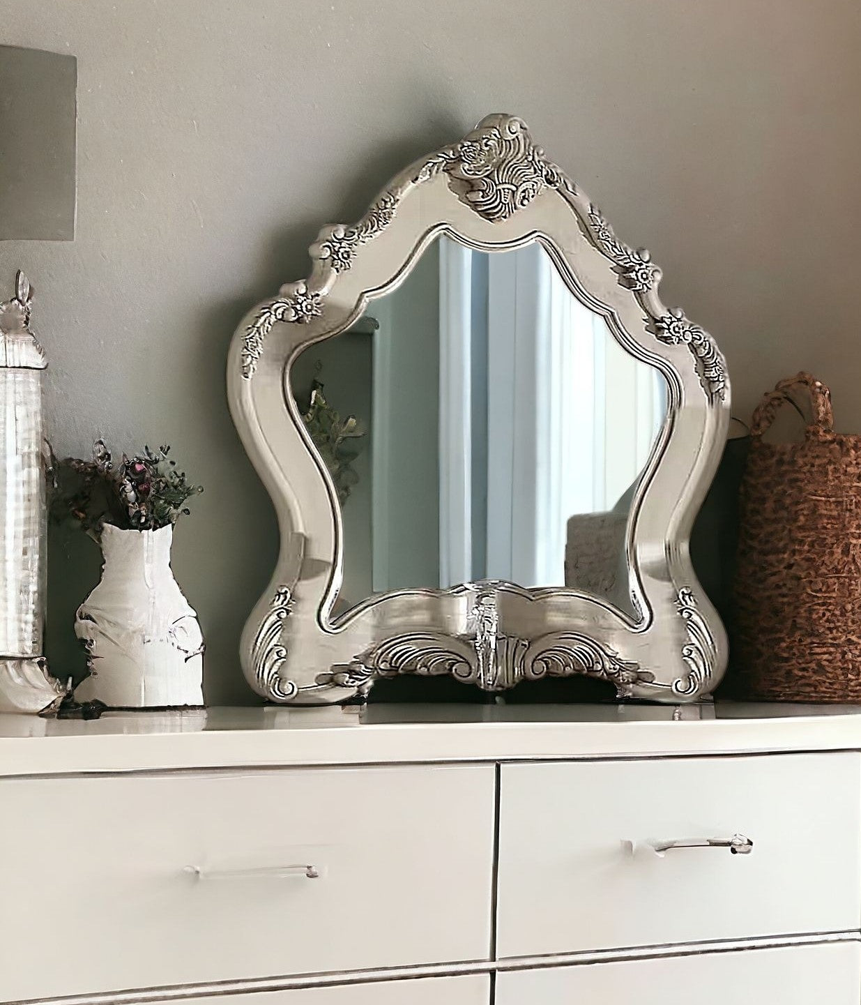 48" White Abstract Wood Framed Mounted Dresser Mirror