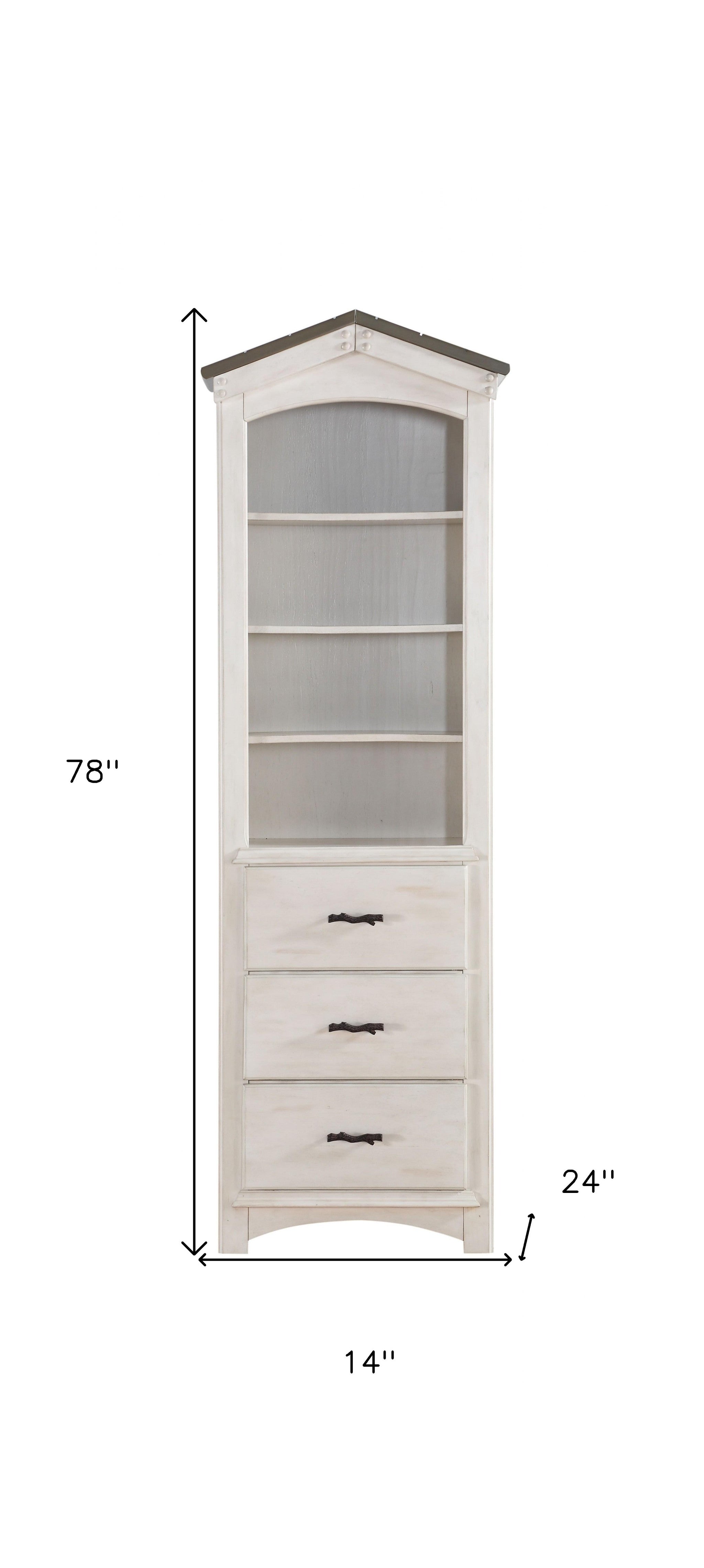 78" Gray and White Solid Wood Four Tier Barrister Bookcase with Three Drawers