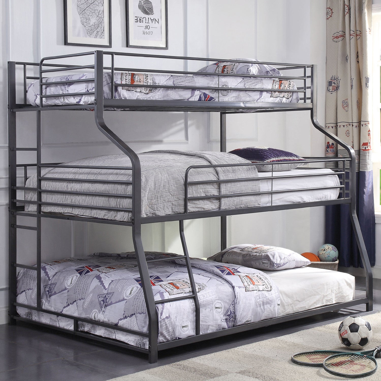 62" X 83" X 74" Gunmetal Metal Triple Bunk Bed  Twinfullqueen