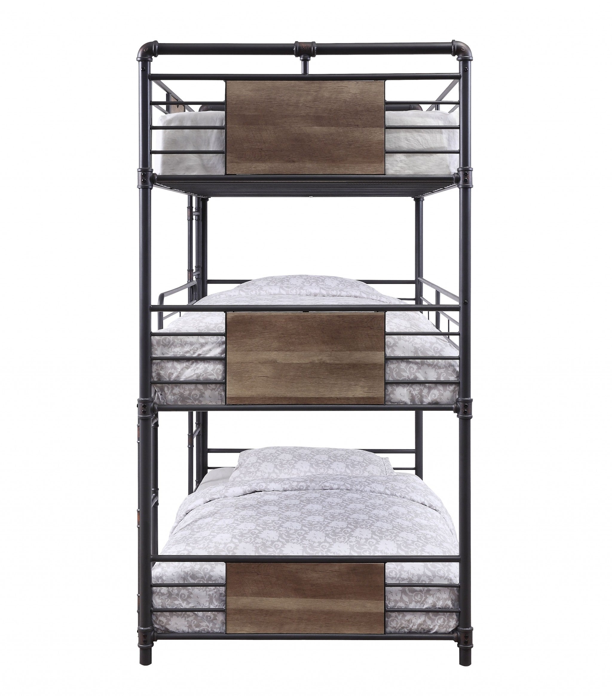 43" X 79" X 79" Sandy Black Dark Bronze Handbrushed Metal Wood Triple Bunk Bed  Twin