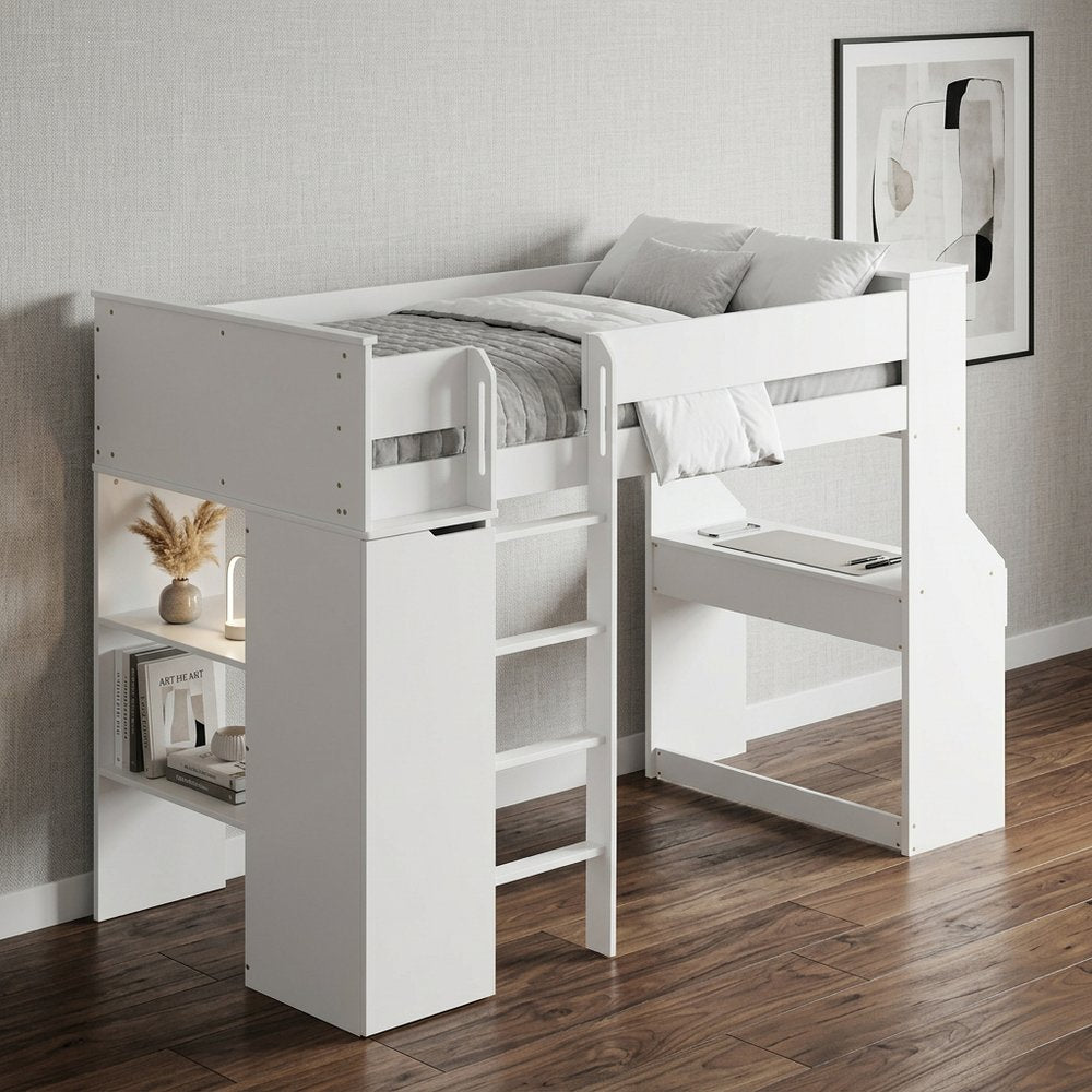 45" X 92" X 66" White Wood Veneer (Laminated) Loft Bed