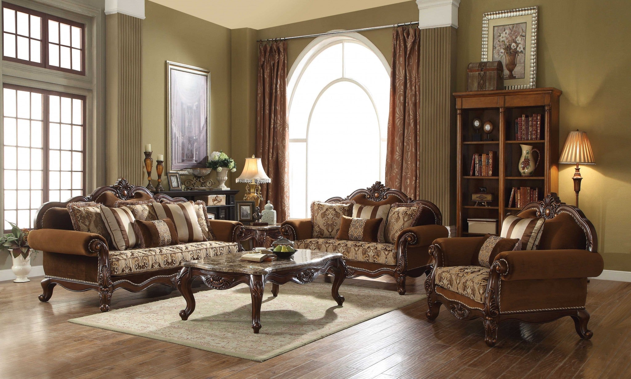 69" Brown Polyester Blend Damask Chesterfield Loveseat and Toss Pillows