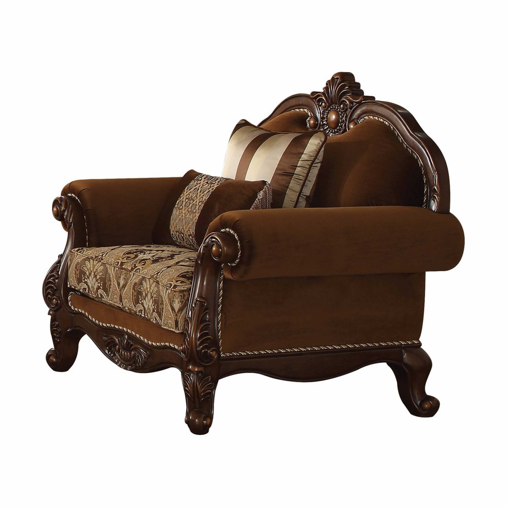 37" Brown Velvet Floral Club Chair And Toss Pillows