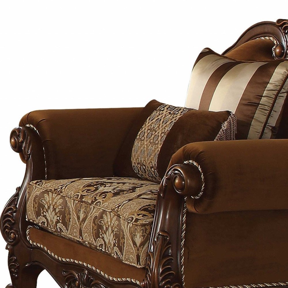 37" Brown Velvet Floral Club Chair And Toss Pillows