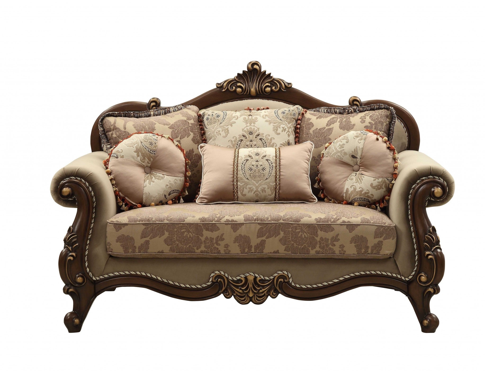 69" Beige and Gold And Brown Loveseat and Toss Pillows