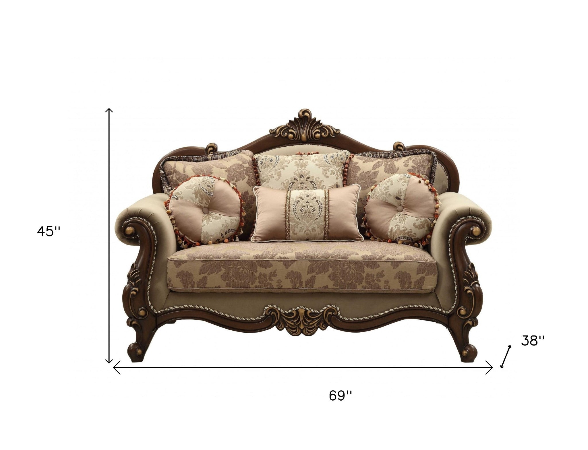 69" Beige and Gold And Brown Loveseat and Toss Pillows