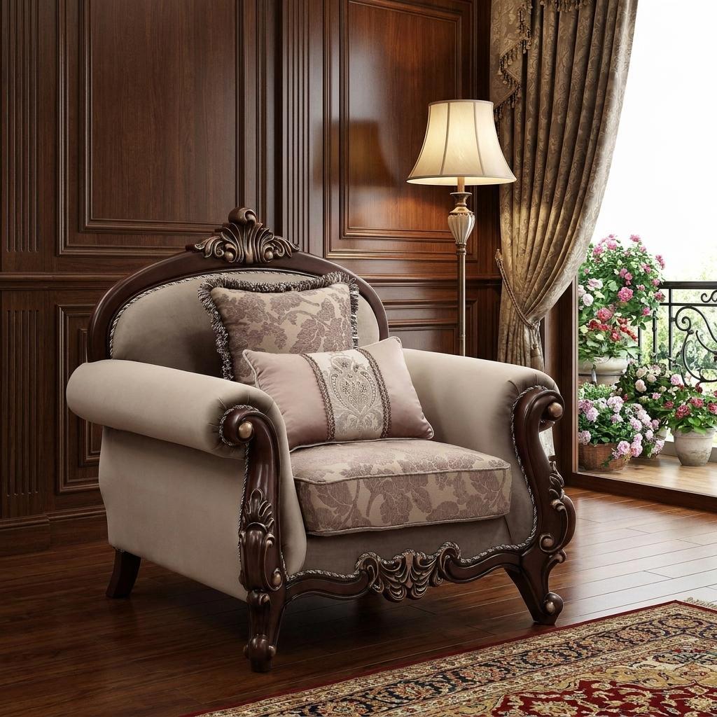 38" Beige Velvet and Wood Floral Arm Chair And Toss Pillows