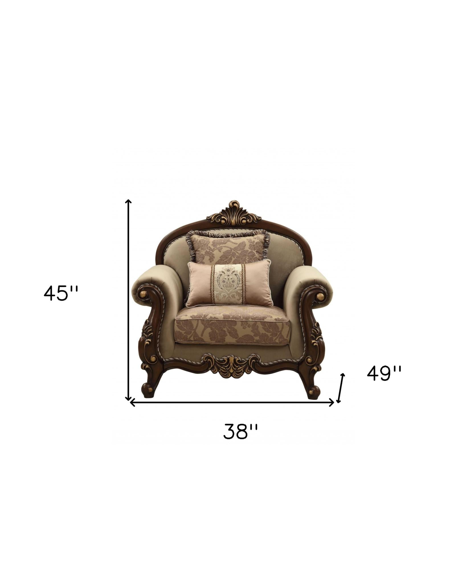 38" Beige Velvet and Wood Floral Arm Chair And Toss Pillows