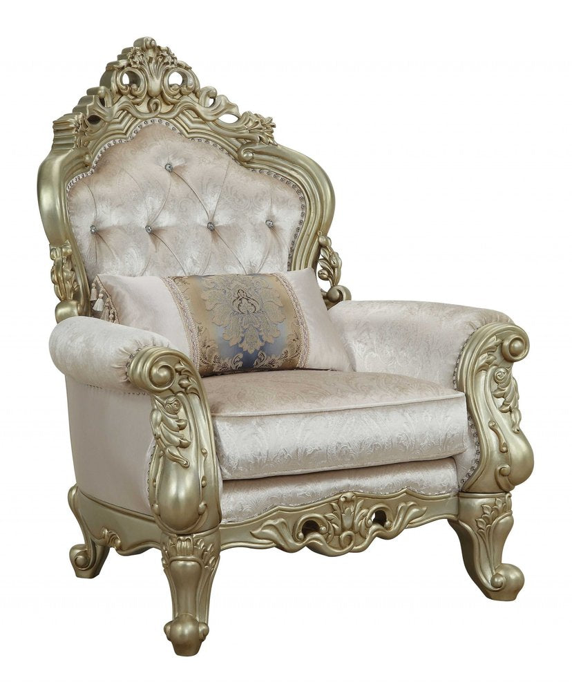 40" Cream and Antiqued White Fabric Damask Tufted Arm Chair And Toss Pillow