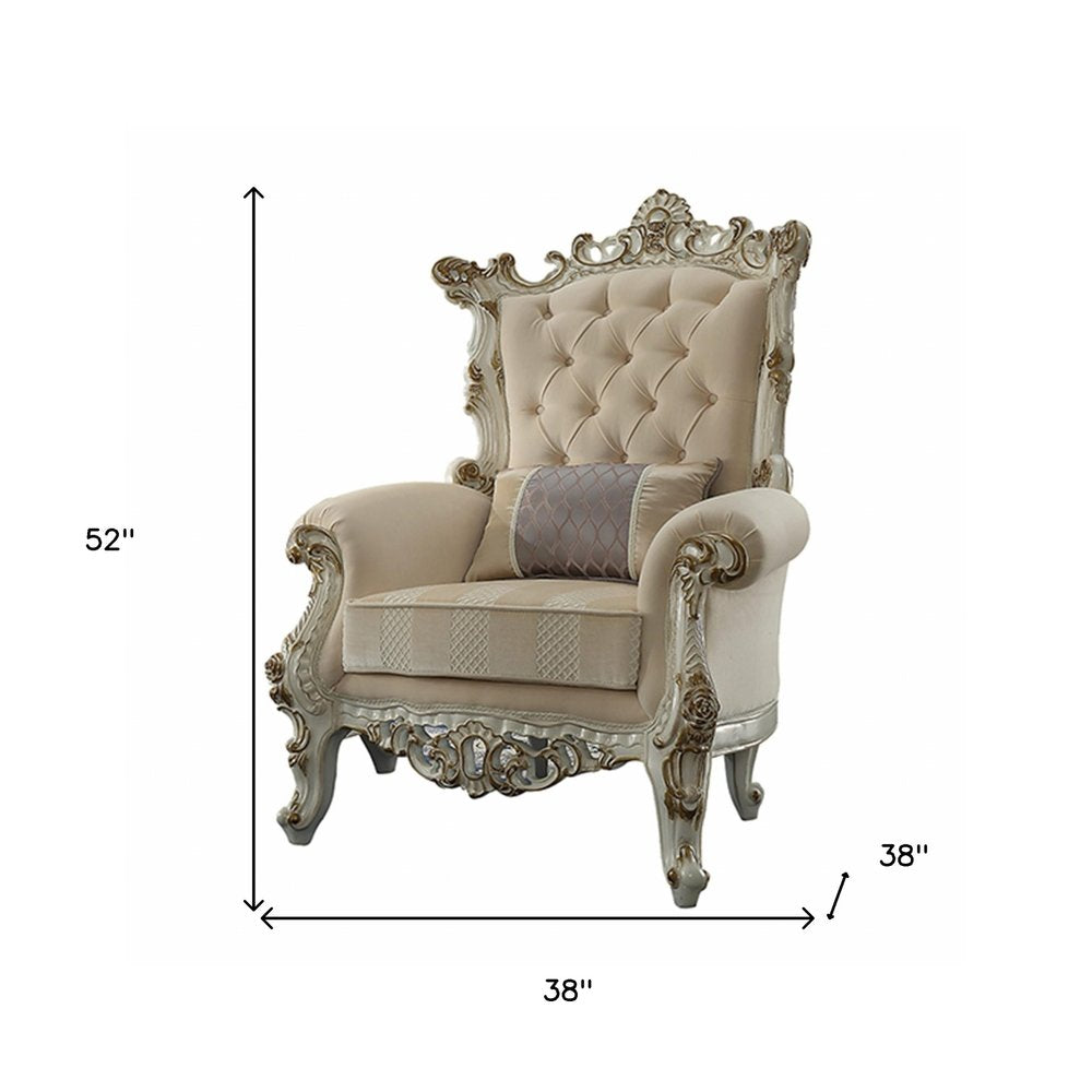 38" Pearl Fabric Striped Tufted Chesterfield Chair And Toss Pillow