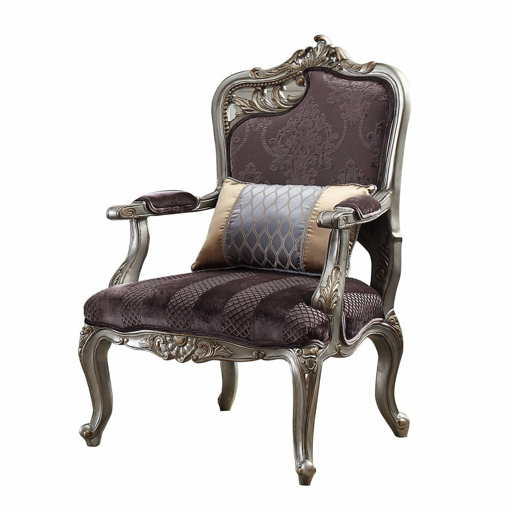29" Purple Velvet and Wood Floral Arm Chair And Toss Pillow