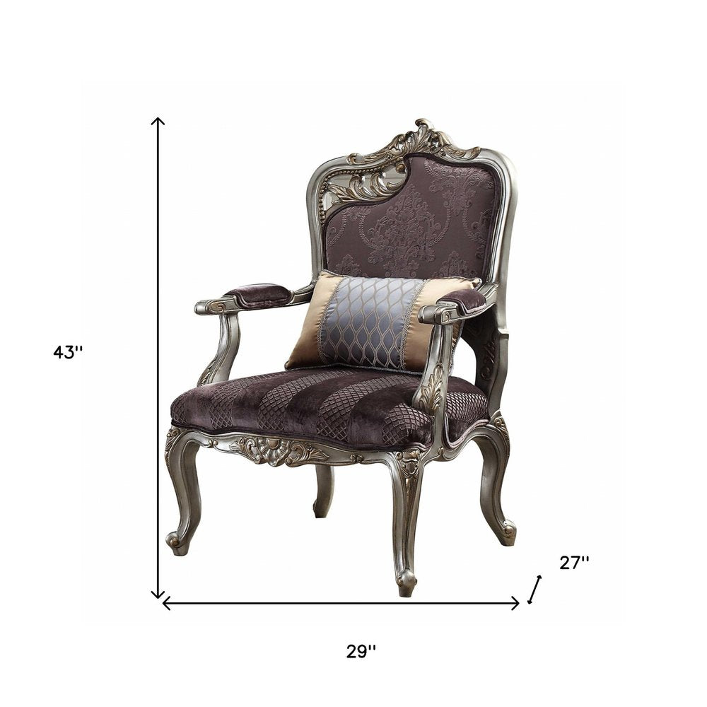 29" Purple and Platinum Velvet Floral Arm Chair And Toss Pillow