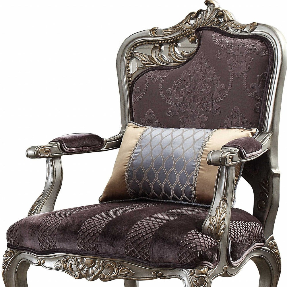 29" Black And Platinum Velvet Floral Arm Chair And Toss Pillow