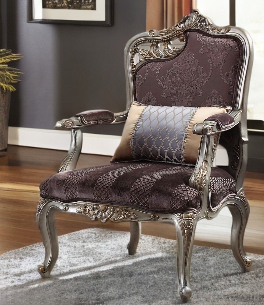 29" Purple and Platinum Velvet Floral Arm Chair And Toss Pillow