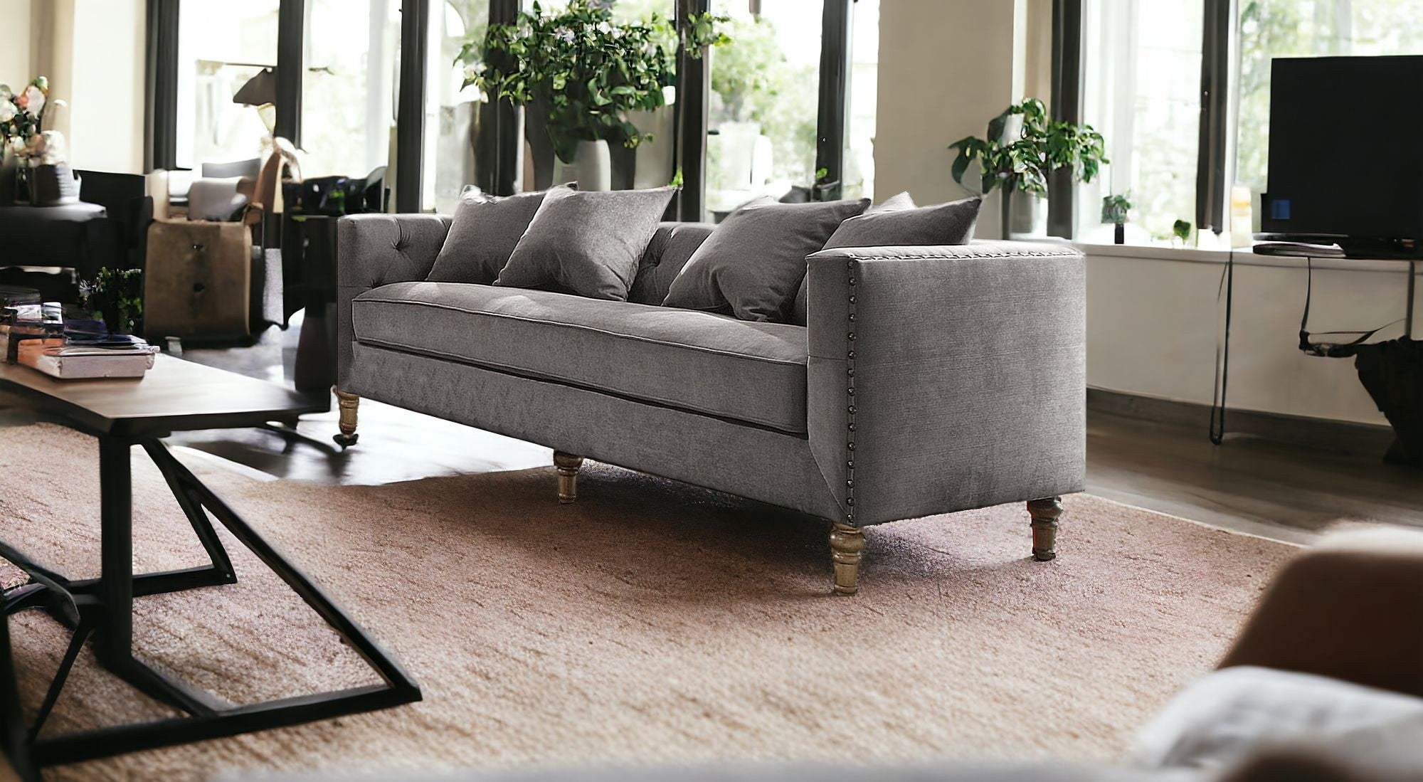 34" Gray Velvet Sofa And Toss Pillows With Brown Legs