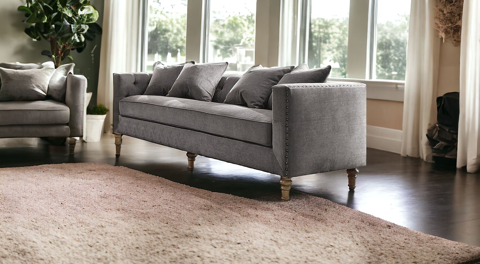 34" Gray Velvet Sofa And Toss Pillows With Brown Legs