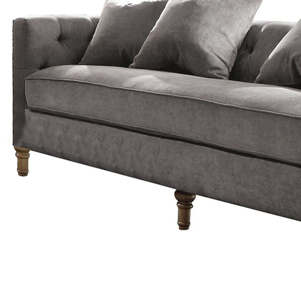 34" Gray Velvet Sofa And Toss Pillows With Brown Legs