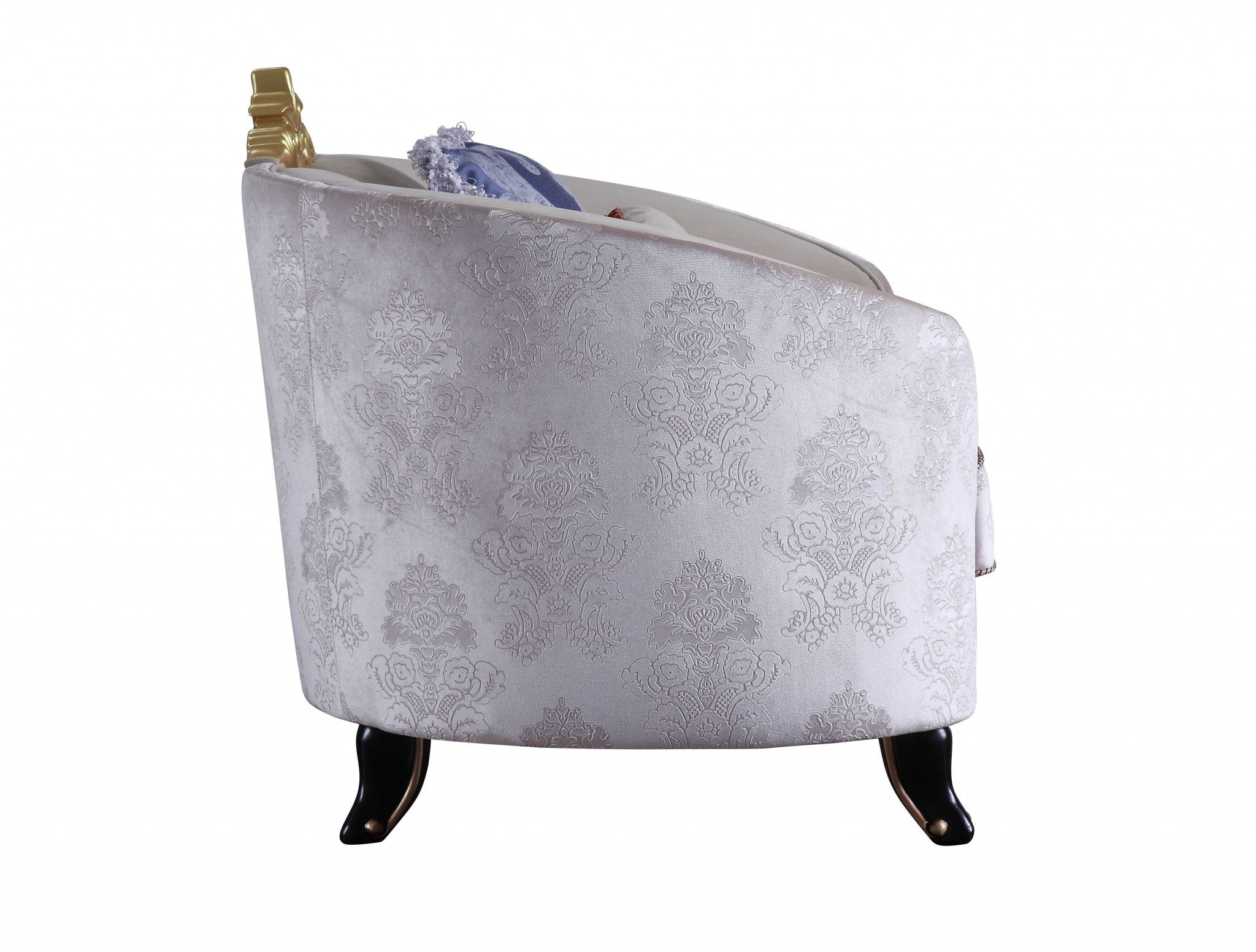 38" Cream And Black Velvet Damask Barrel Chair