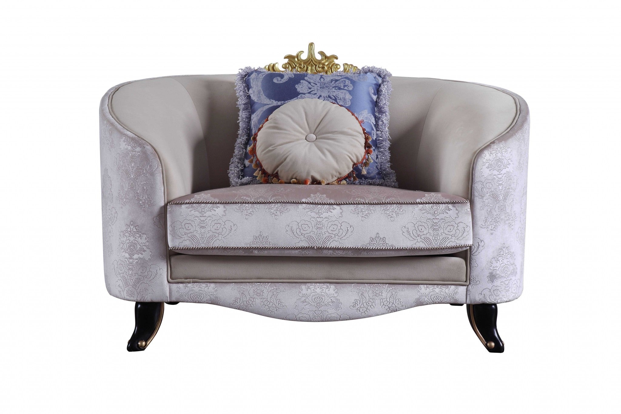 38" Cream and Black Velvet Damask Barrel Chair And Toss Pillows