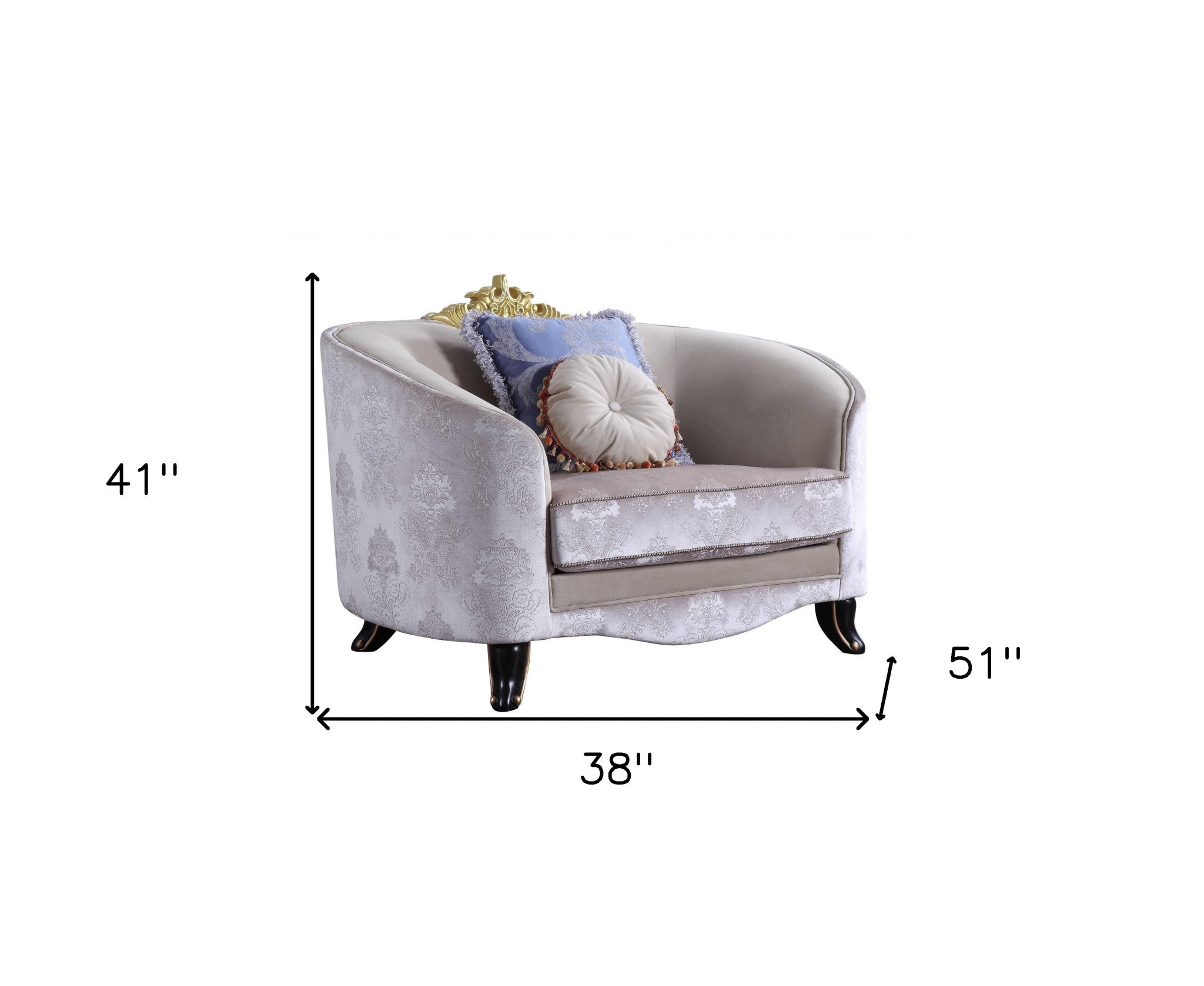 38" Cream and Black Velvet Damask Barrel Chair And Toss Pillows