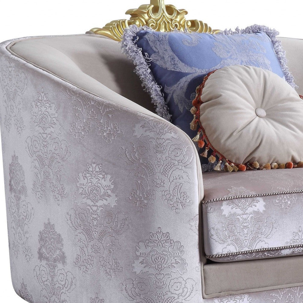 38" Cream and Black Velvet Damask Barrel Chair And Toss Pillows