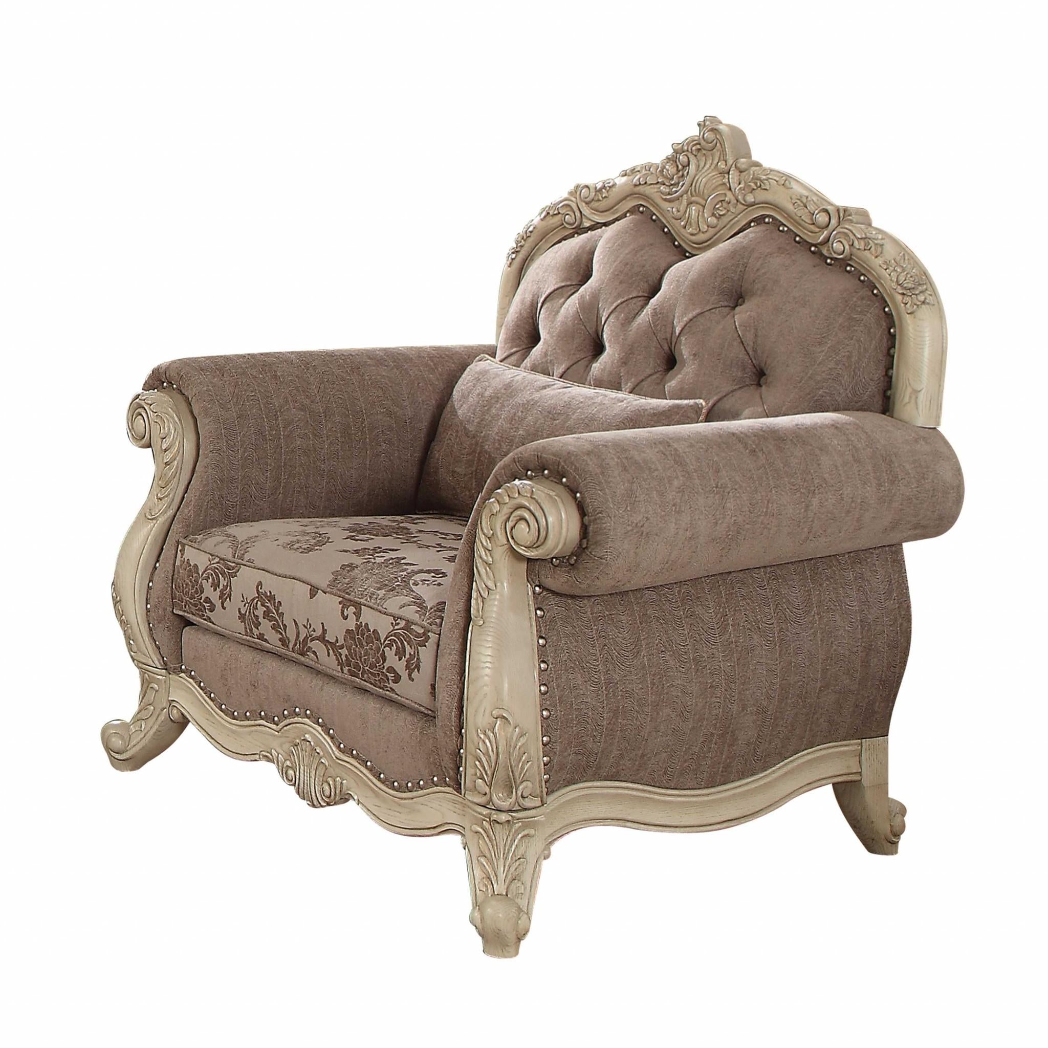 35" Gray and Antiqued White Fabric Floral Tufted Chesterfield Chair And Toss Pillow