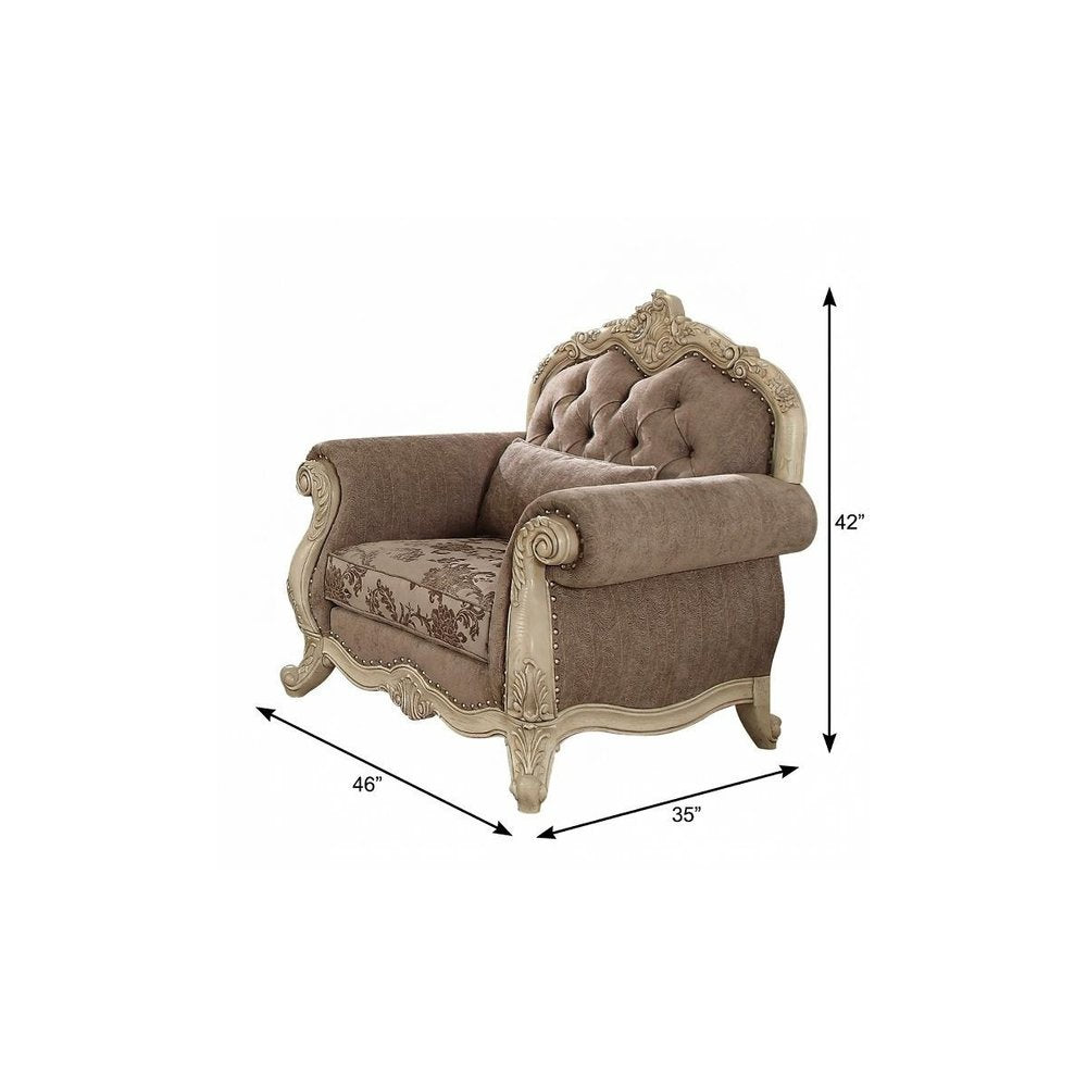 35" Gray and Antiqued White Fabric Floral Tufted Chesterfield Chair And Toss Pillow