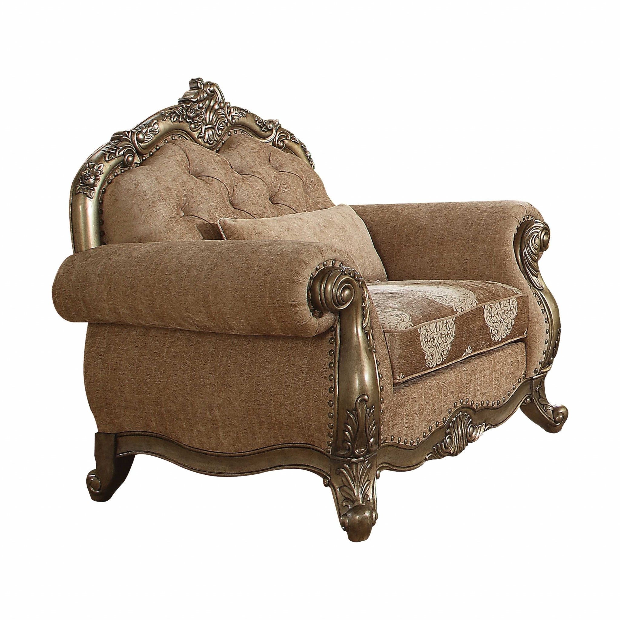 35" Gray And Pearl Fabric Damask Tufted Chesterfield Chair