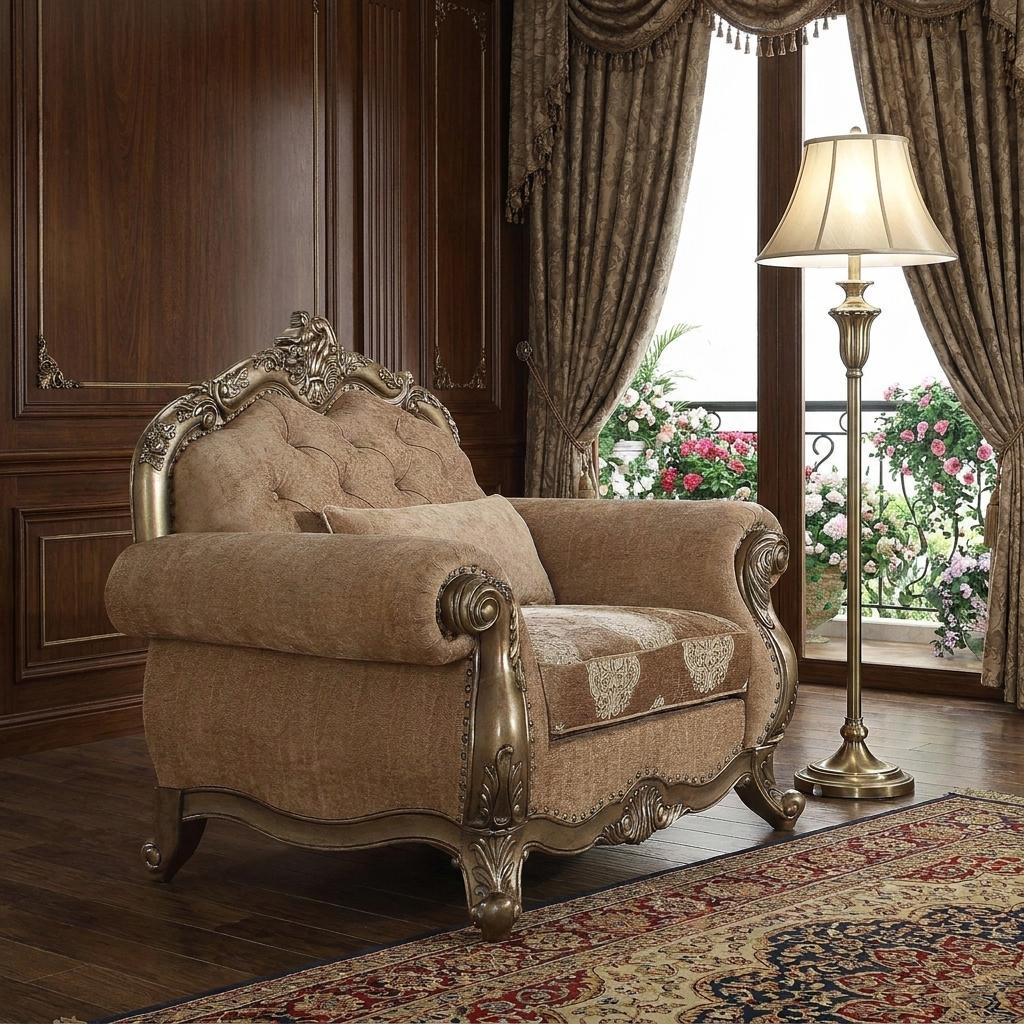35" Brown and Champagne Linen Damask Tufted Arm Chair And Toss Pillow