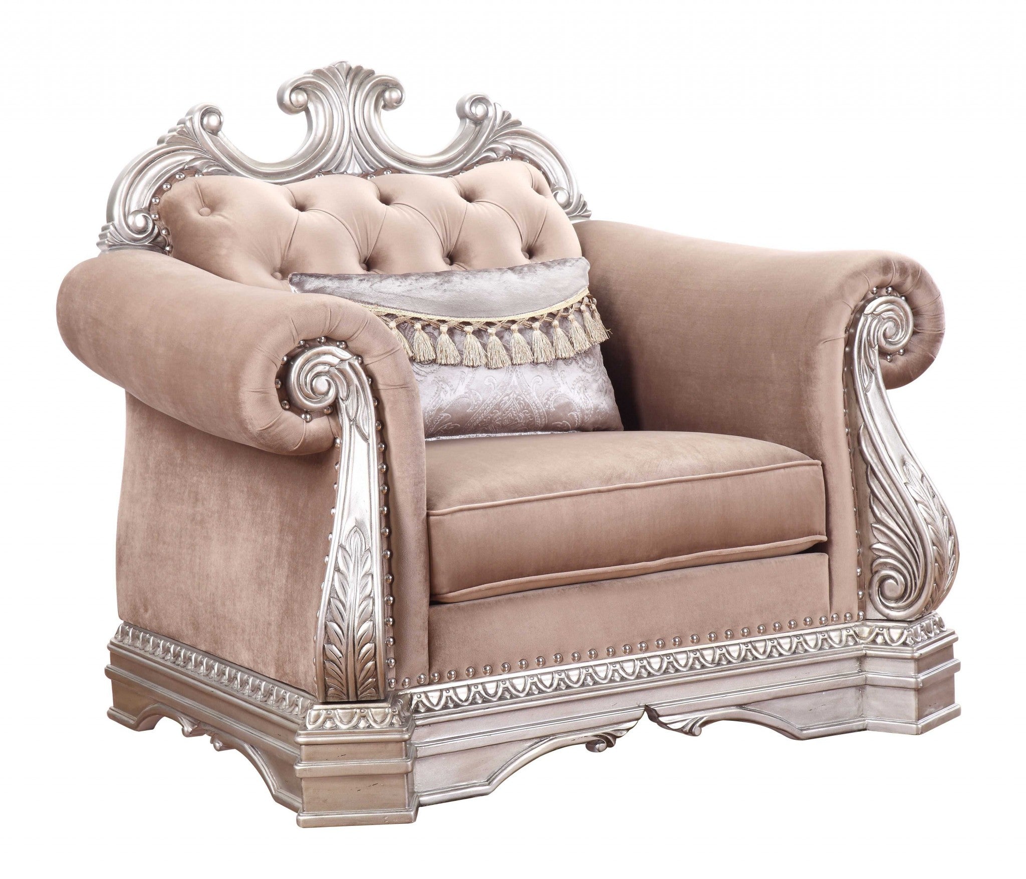 42" Cherry Blossom Pink And Gray Velvet Tufted Chesterfield Chair