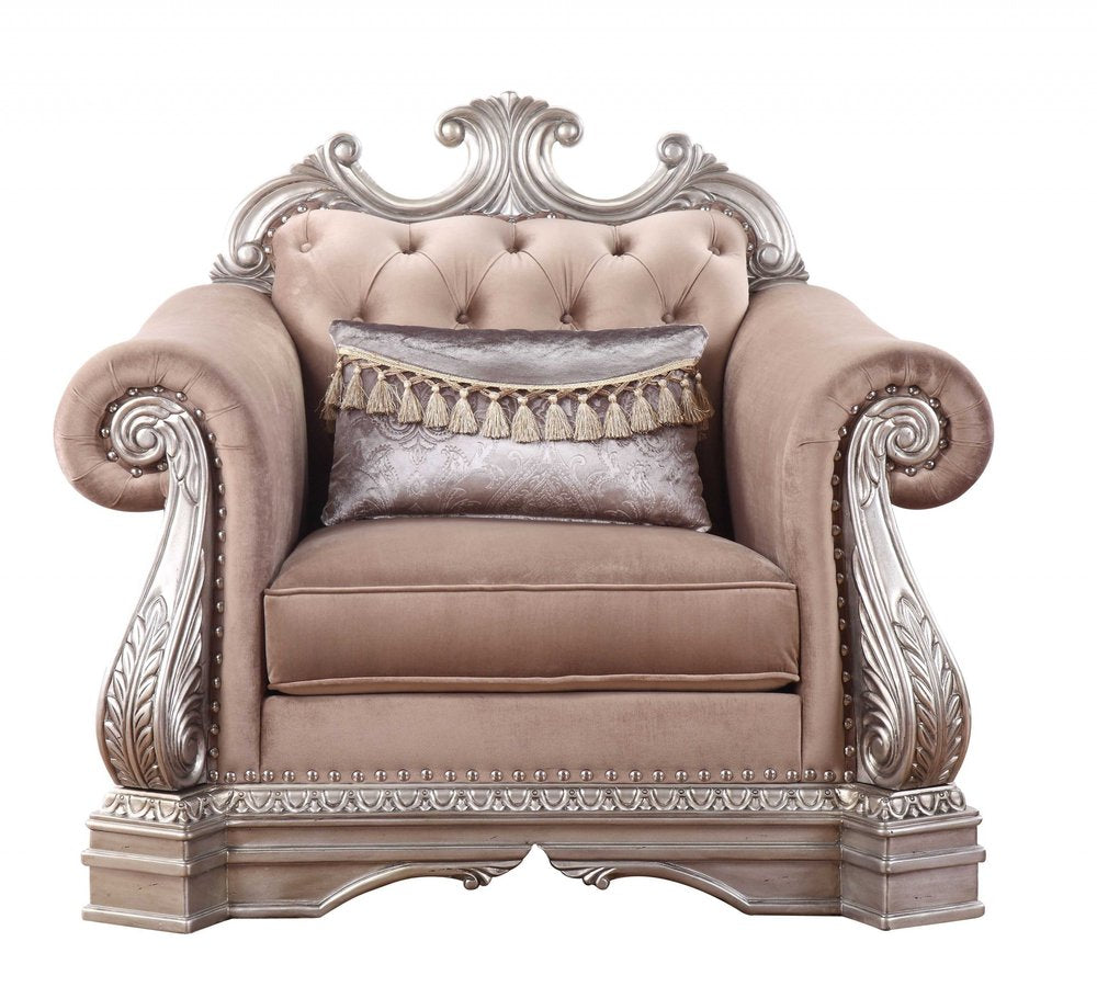 42" Cherry Blossom Pink and Silver Velvet Tufted Arm Chair And Toss Pillow