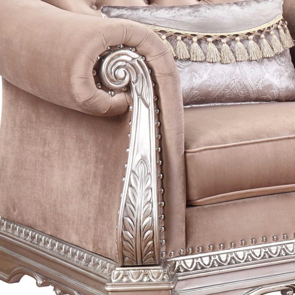 42" Cherry Blossom Pink Tufted Velvet and Wood Arm Chair And Toss Pillow