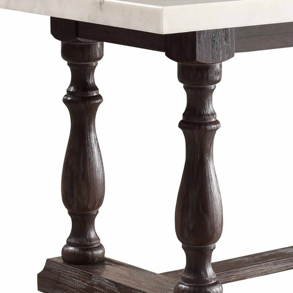 38" White And Gray Marble And Solid Wood Trestle Base Dining Table