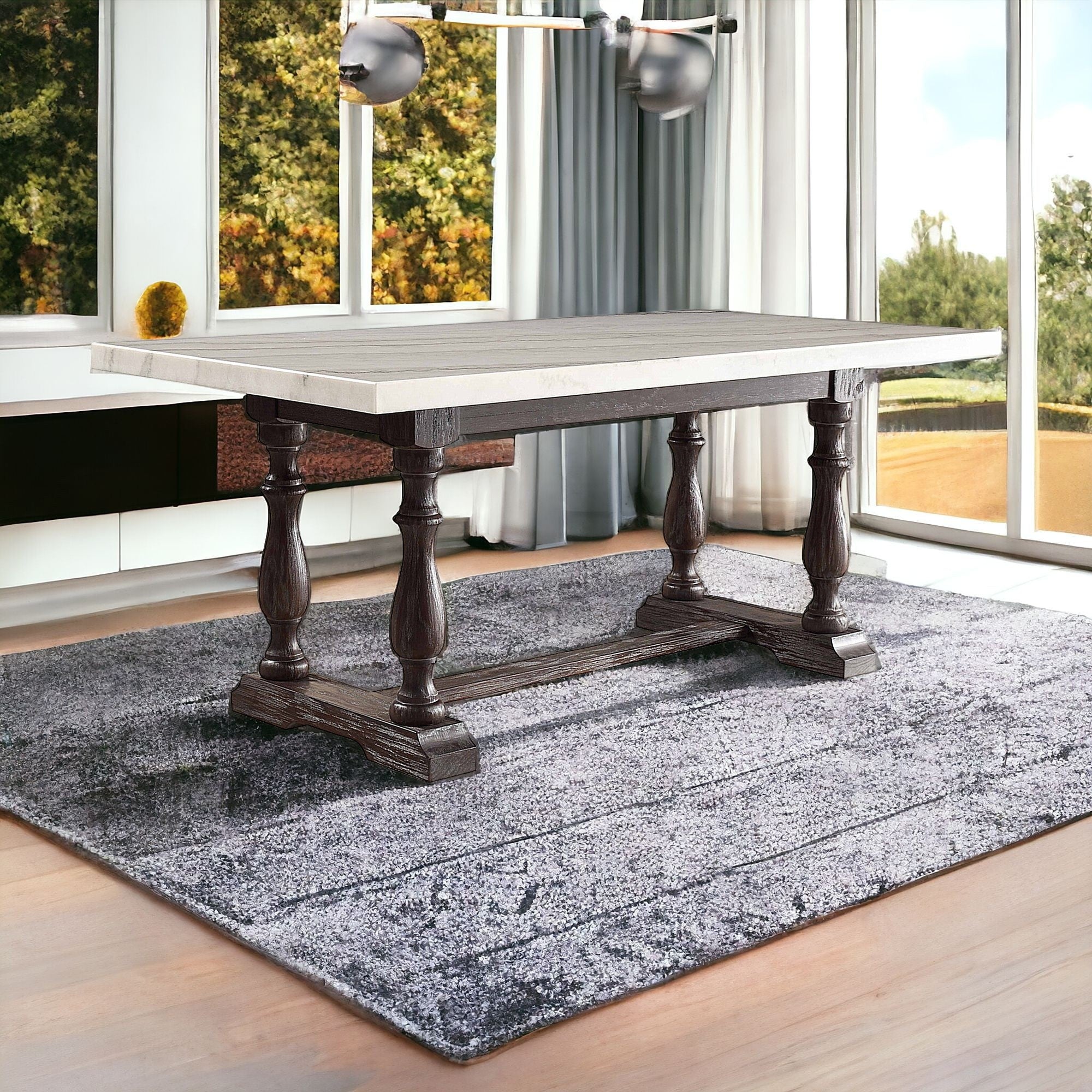 38" White and Gray Marble and Solid Wood Dining Table