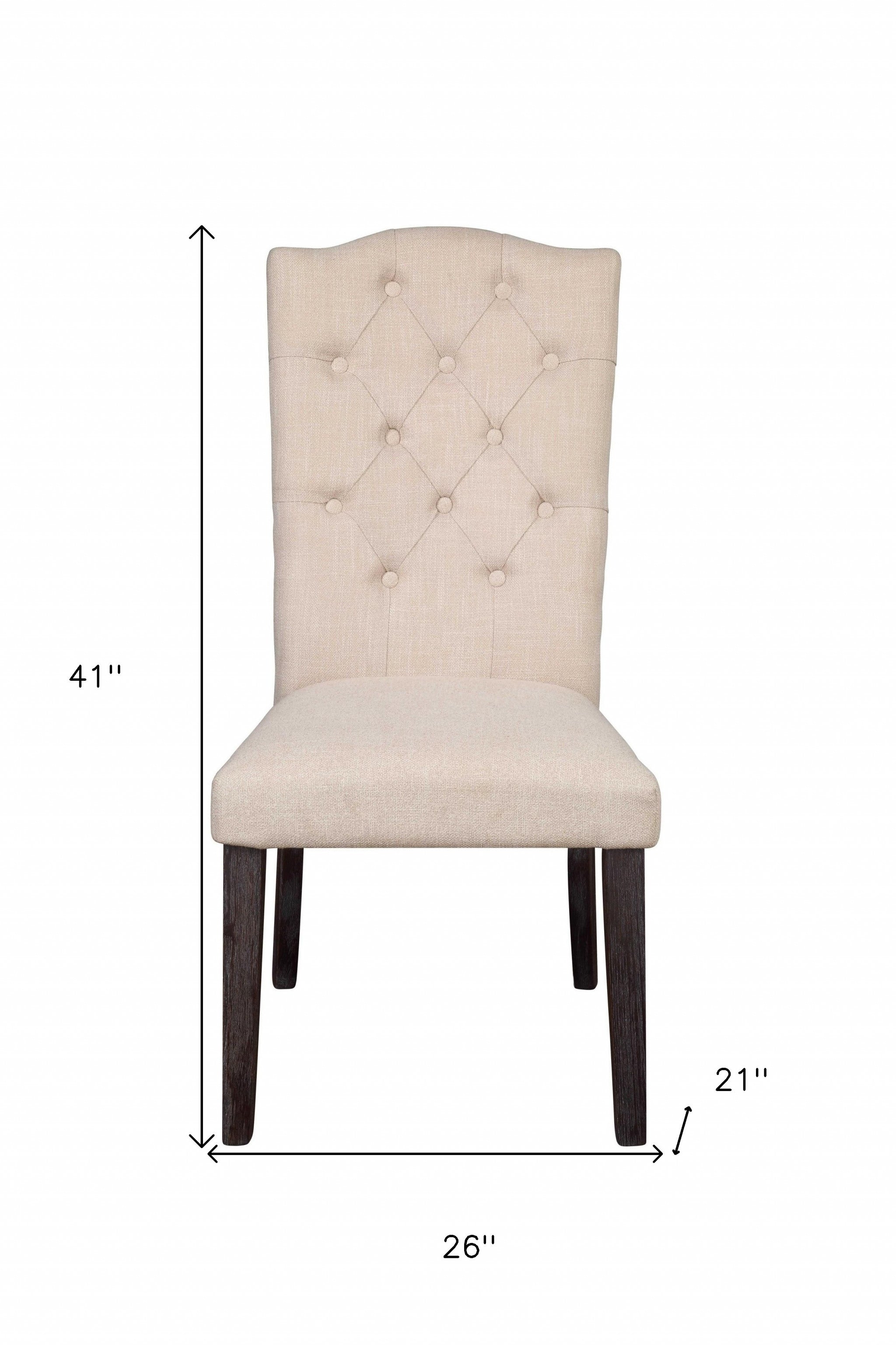 Set of Two Tufted Beige and Espresso Upholstered Linen Dining Side Chairs Set of Two Tufted Beige and Espresso Upholstered Linen Dining Side Chairs