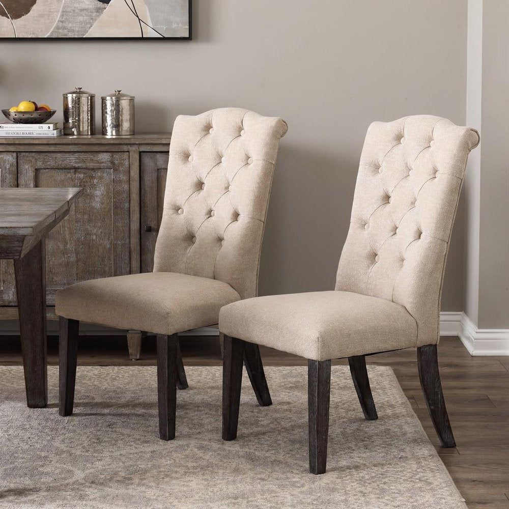 Set of Two Tufted Beige and Espresso Upholstered Linen Dining Side Chairs