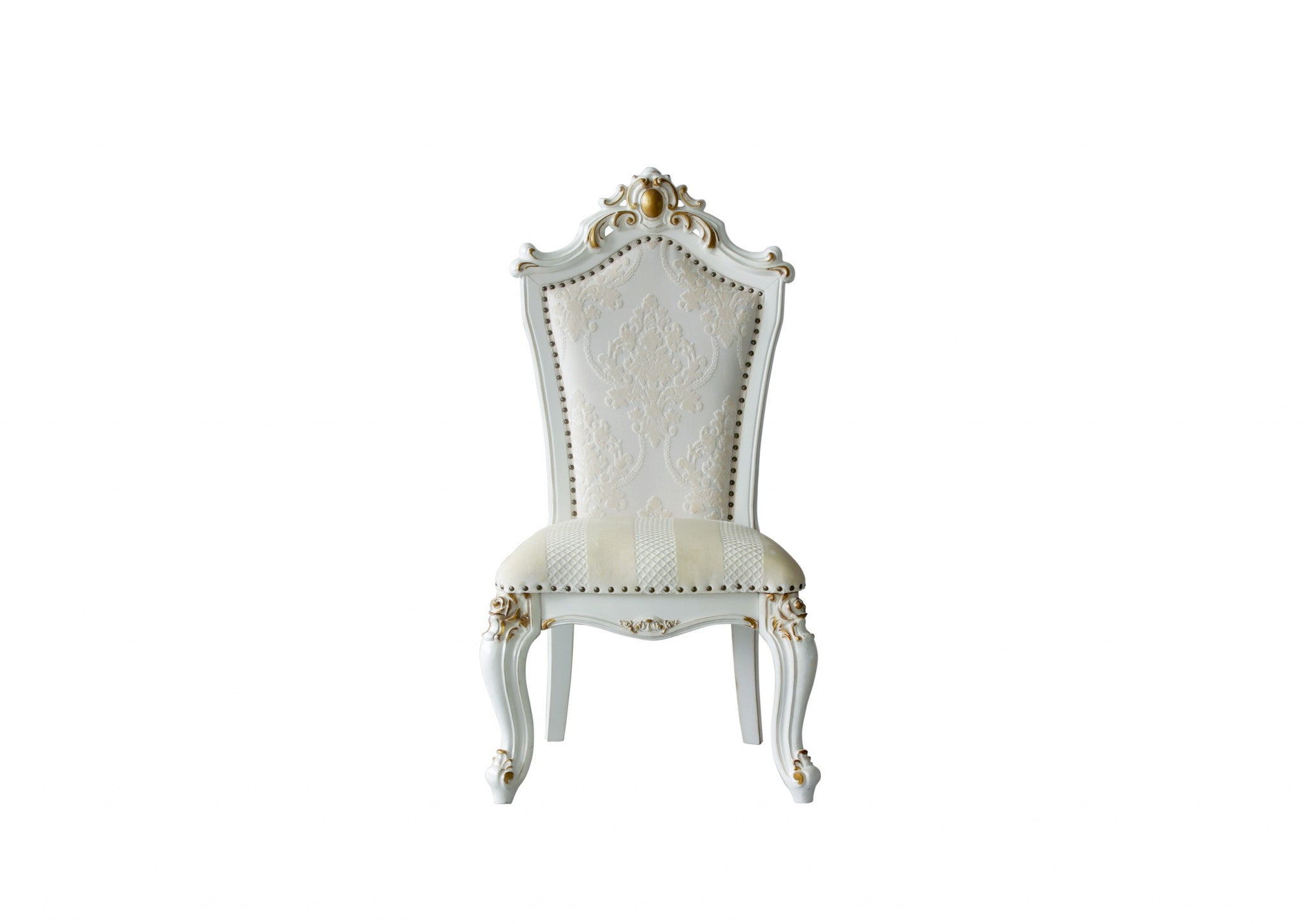 Set Of Two 27" Beige And White Faux Leather Damask Side Chair