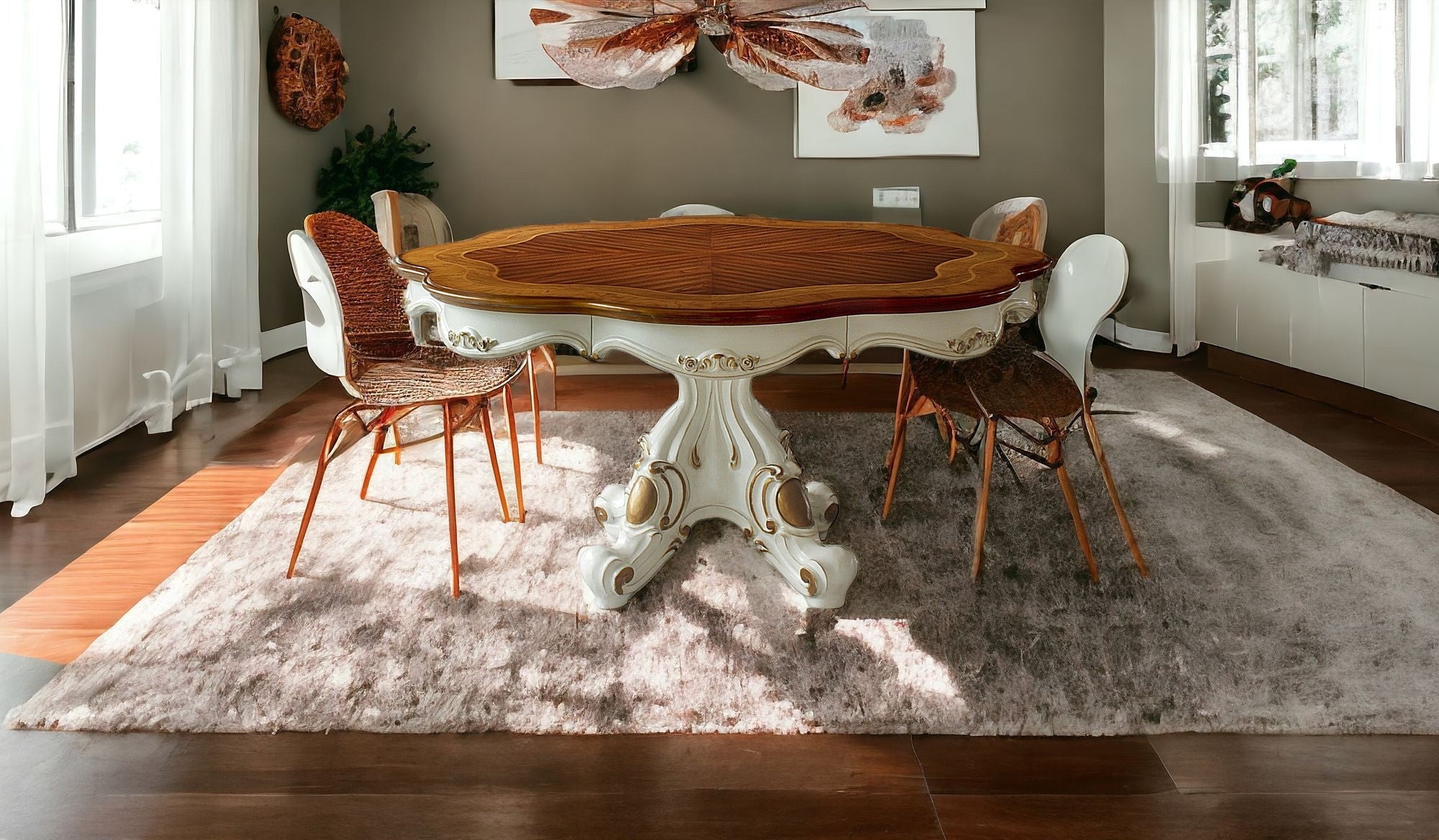 62" Brown And White Oval Solid Wood Pedestal Base Dining Table