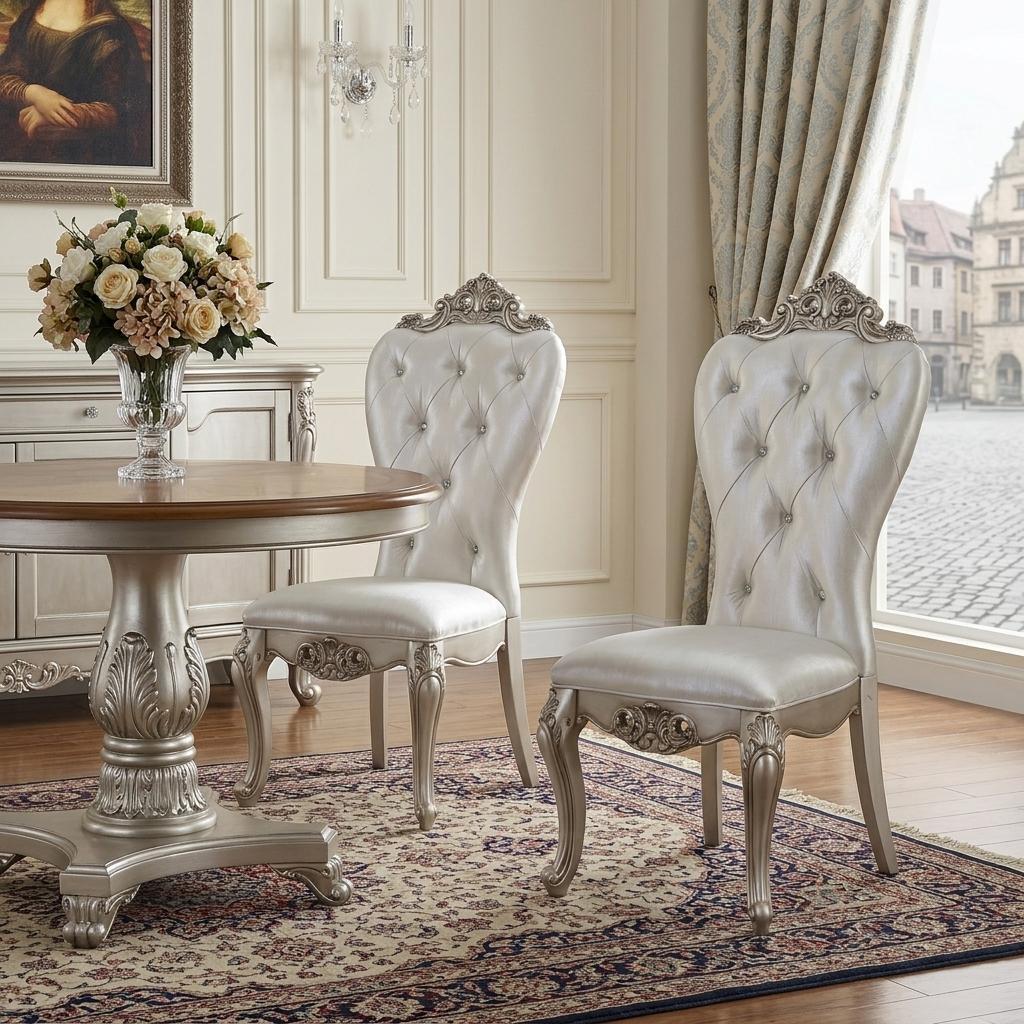 Set of Two Cream and Antiqued White Upholstered Fabric Queen Anne Back Dining Side Chairs