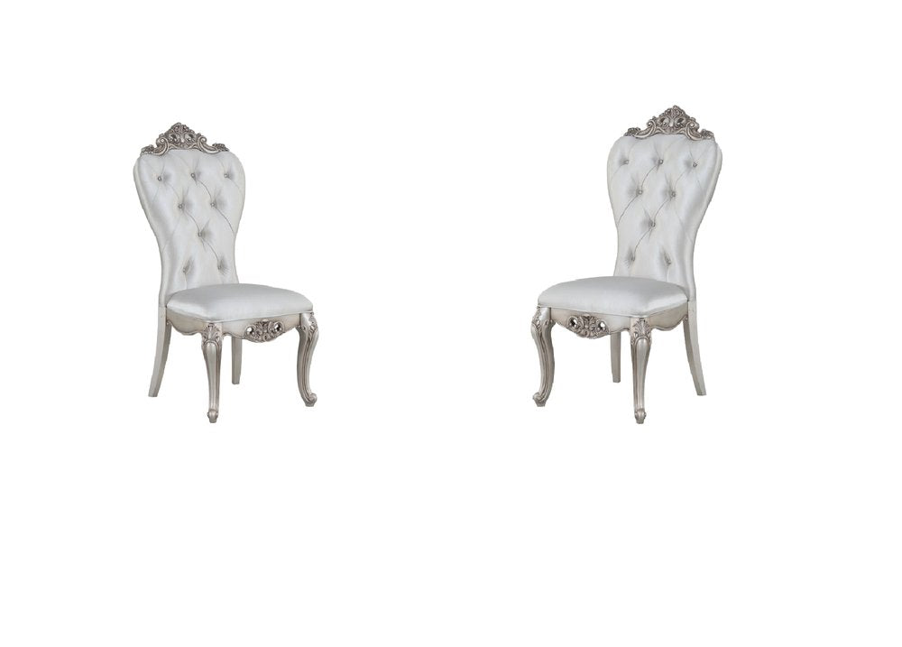 Set of Two Cream and Antiqued White Upholstered Fabric Queen Anne Back Dining Side Chairs