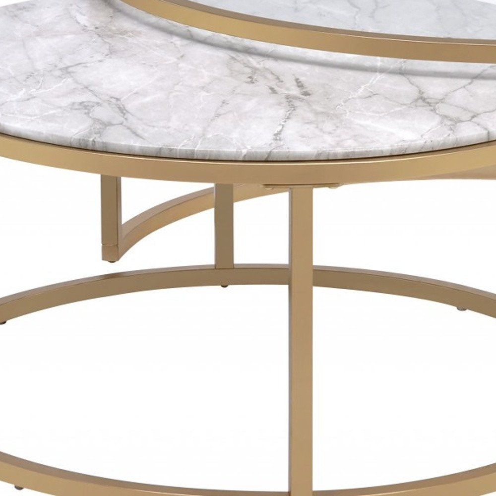 Set of Two Clear White and Gold Glass And Faux Marble And Iron Round Frame Nested Coffee Tables
